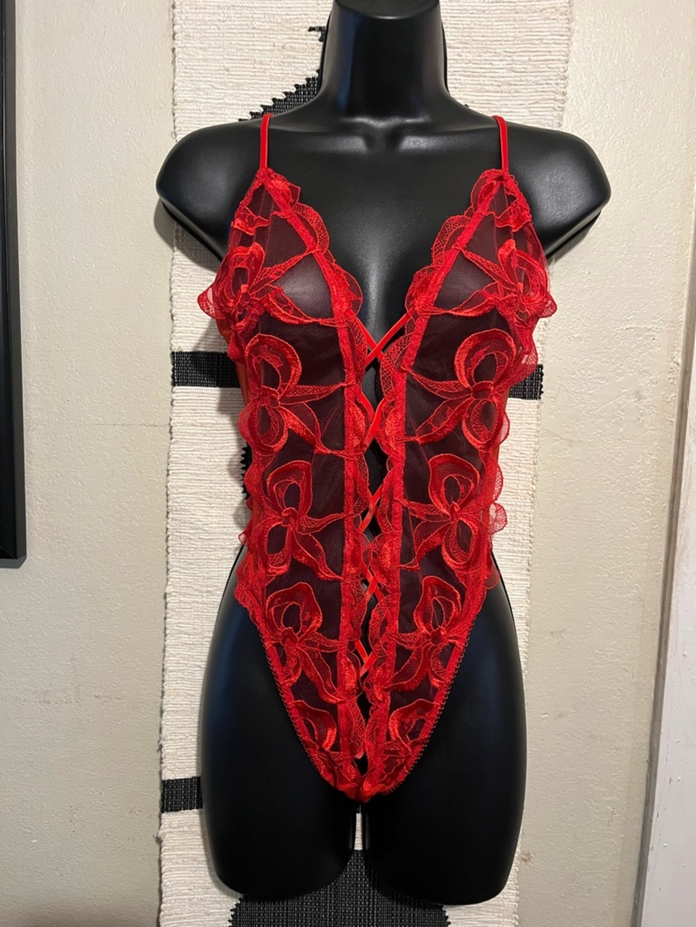 Victoria's Secret Lingerie Red Lace Sheer Plunge Teddy